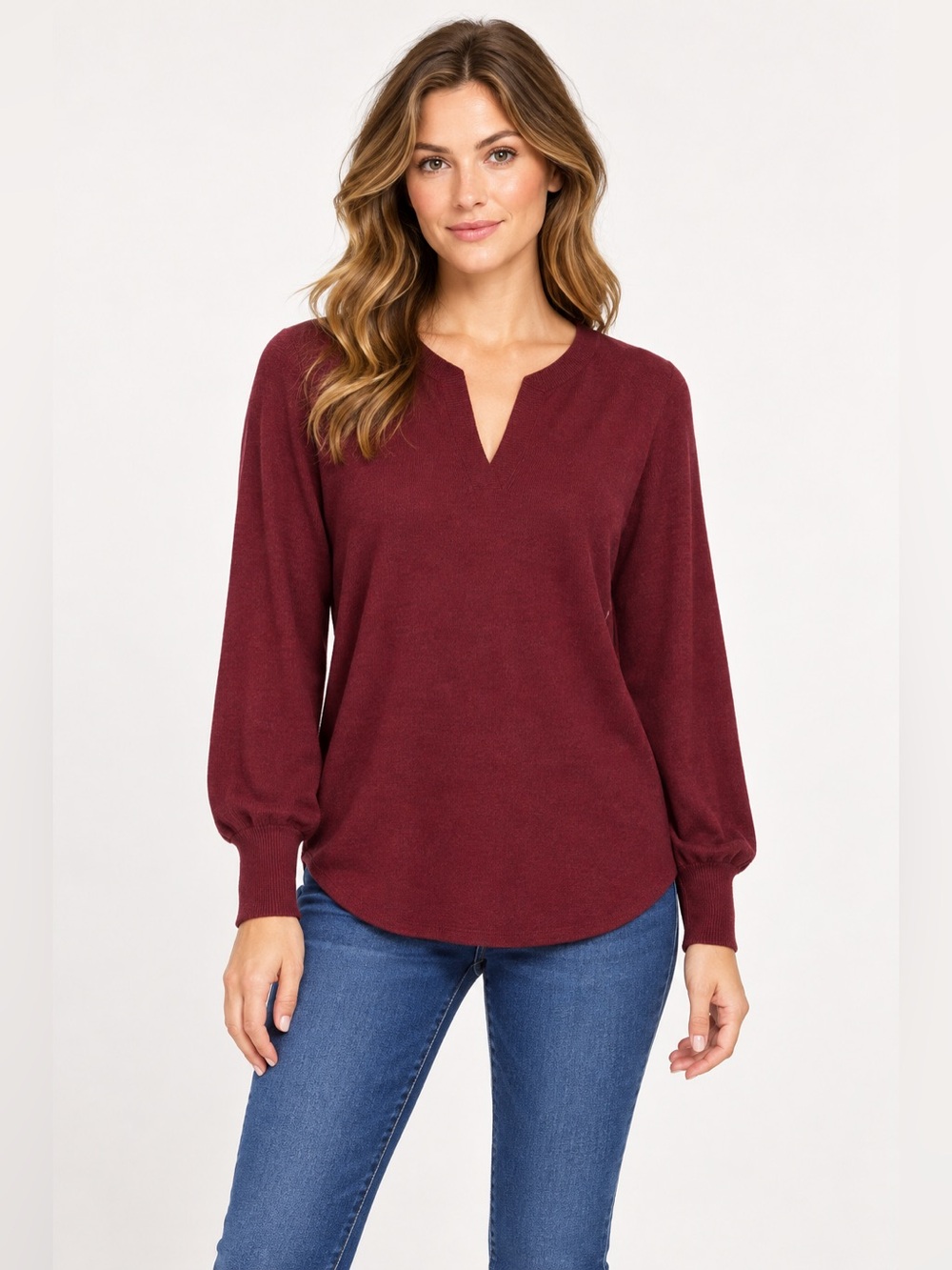 Buffalo David Bitton Maroon V-Neck Balloon Sleeve Sweater